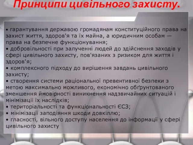 Принципи цивільного захисту. • гарантування державою громадянам конституційного права на за­хист