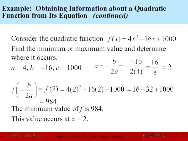 Example: Obtaining Information about a Quadratic Function from Its Equation (continued)