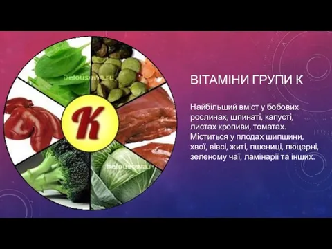 ВІТАМІНИ ГРУПИ К Найбільший вміст у бобових рослинах, шпинаті, капусті, листах