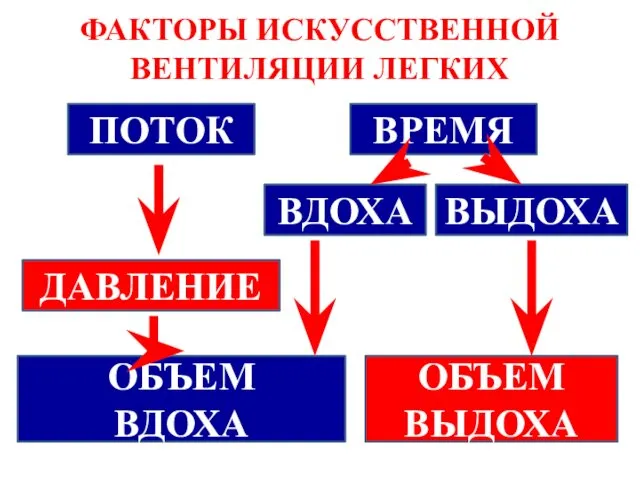 ФАКТОРЫ ИСКУССТВЕННОЙ ВЕНТИЛЯЦИИ ЛЕГКИХ ПОТОК ВРЕМЯ ДАВЛЕНИЕ ОБЪЕМ ВДОХА ОБЪЕМ ВЫДОХА ВДОХА ВЫДОХА