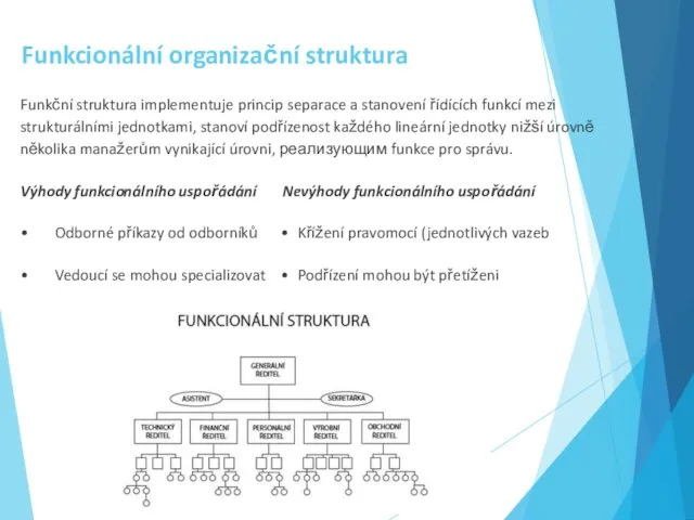 Funkcionální organizační struktura Funkční struktura implementuje princip separace a stanovení řídících