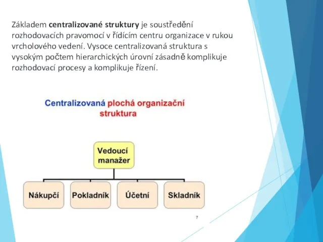 Základem centralizované struktury je soustředění rozhodovacích pravomocí v řídícím centru organizace