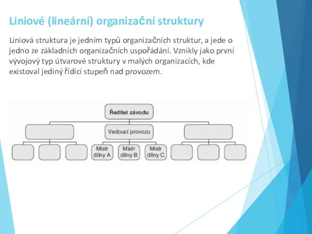 Liniové (lineární) organizační struktury Liniová struktura je jedním typů organizačních struktur,