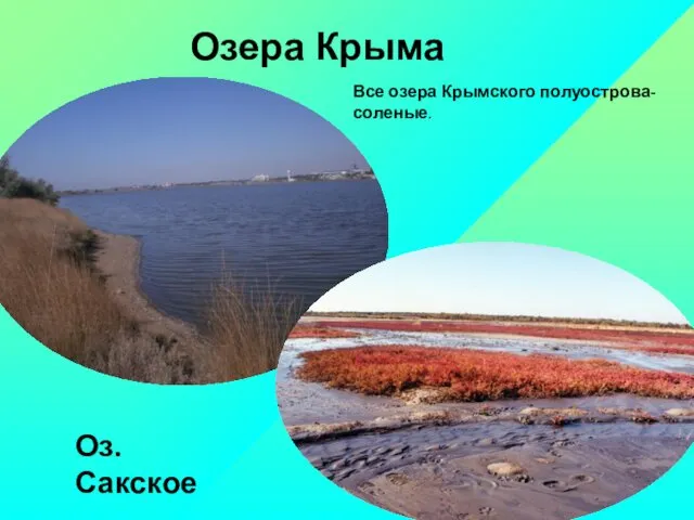 Озера Крыма Все озера Крымского полуострова- соленые. Оз.Сакское