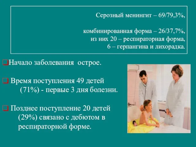 Серозный менингит – 69/79,3%, комбинированная форма – 26/37,7%, из них 20