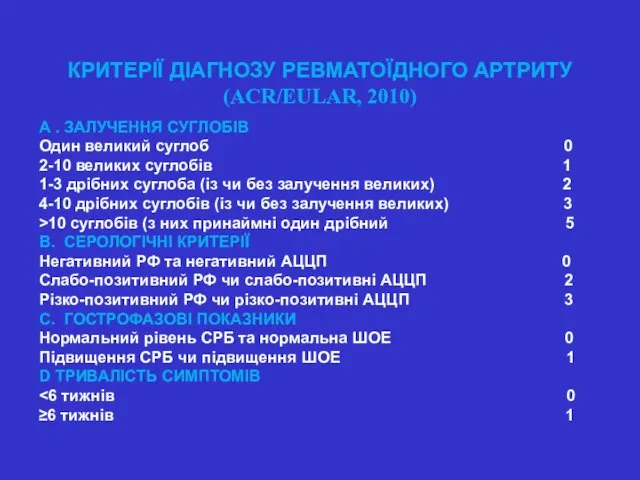 КРИТЕРІЇ ДІАГНОЗУ РЕВМАТОЇДНОГО АРТРИТУ (ACR/EULAR, 2010) А . ЗАЛУЧЕННЯ СУГЛОБІВ Один