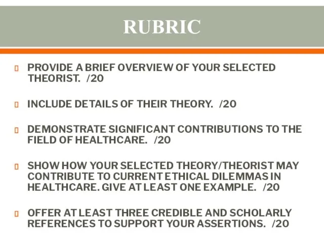 RUBRIC PROVIDE A BRIEF OVERVIEW OF YOUR SELECTED THEORIST. /20 INCLUDE