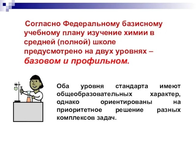 Согласно Федеральному базисному учебному плану изучение химии в средней (полной) школе