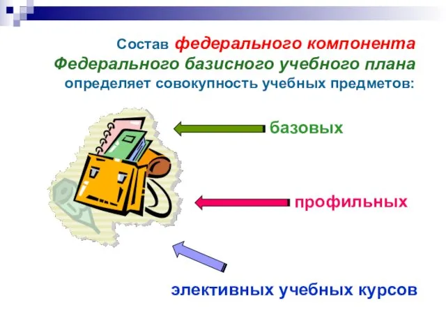 Состав федерального компонента Федерального базисного учебного плана определяет совокупность учебных предметов: базовых профильных элективных учебных курсов