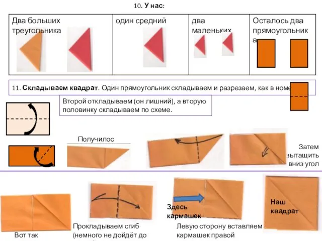 10. У нас: 11. Складываем квадрат. Один прямоугольник складываем и разрезаем,