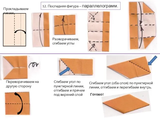 12. Последняя фигура – параллелограмм. Прокладываем линии: Разворачиваем, сгибаем углы Переворачиваем