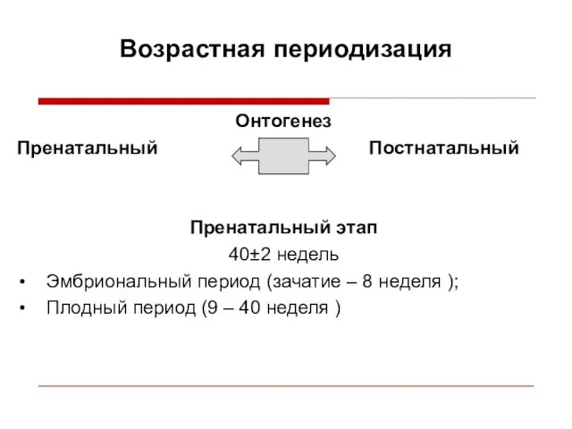 Возрастная периодизация Онтогенез Пренатальный Постнатальный Пренатальный этап 40±2 недель Эмбриональный период