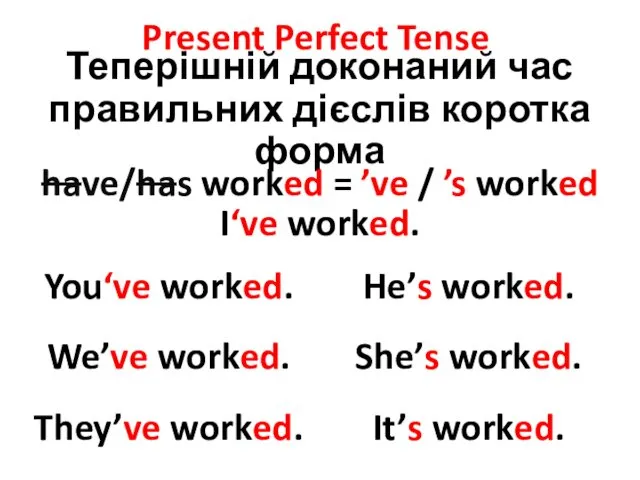 Present Perfect Tense Теперішній доконаний час правильних дієслів коротка форма You‘ve