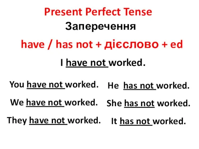 Заперечення have / has not + дієслово + ed You have