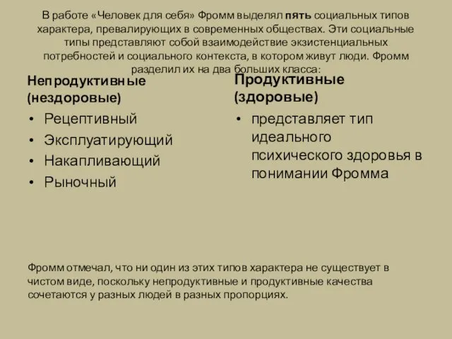 В работе «Человек для себя» Фромм выделял пять социальных типов характера,