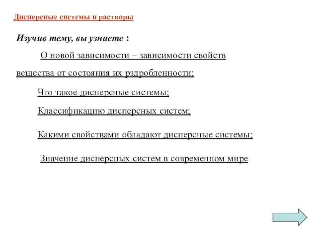 Дисперсные системы и растворы Изучив тему, вы узнаете : О новой