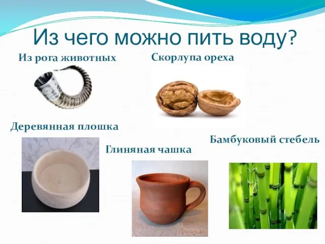 Из чего можно пить воду? Скорлупа ореха Из рога животных Бамбуковый стебель Глиняная чашка Деревянная плошка