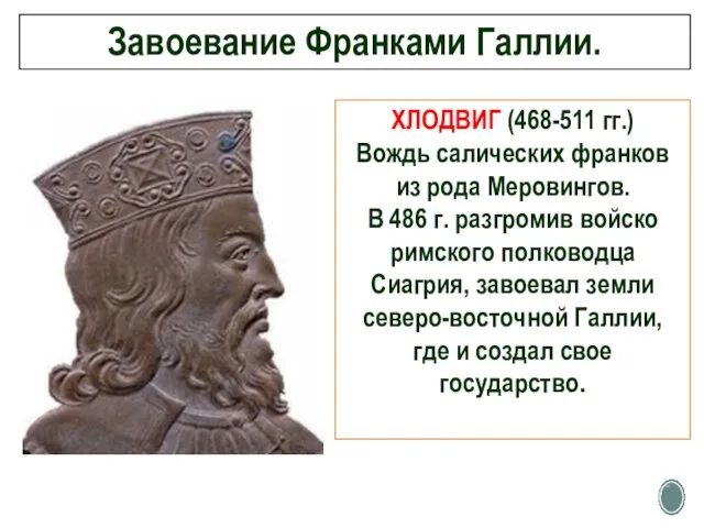 Завоевание Франками Галлии. ХЛОДВИГ (468-511 гг.) Вождь салических франков из рода