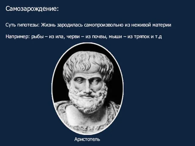 Самозарождение: Суть гипотезы: Жизнь зародилась самопроизвольно из неживой материи Например: рыбы