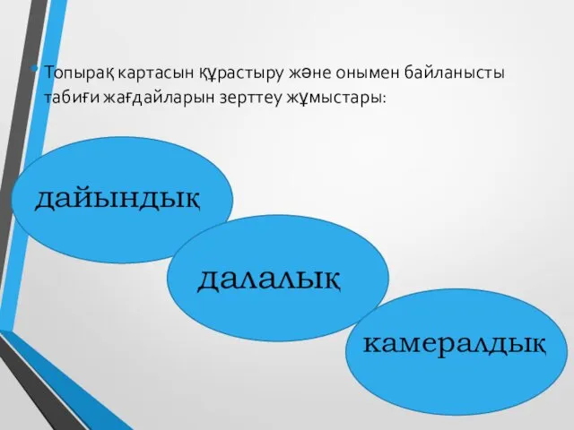 Топырақ картасын құрастыру және онымен байланысты табиғи жағдайларын зерттеу жұмыстары: дайындық далалық камералдық