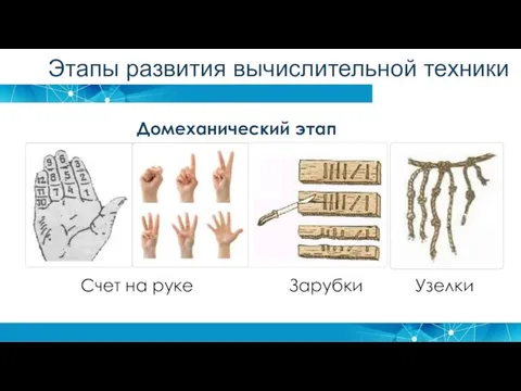 Счет на руке Зарубки Узелки Этапы развития вычислительной техники Домеханический этап