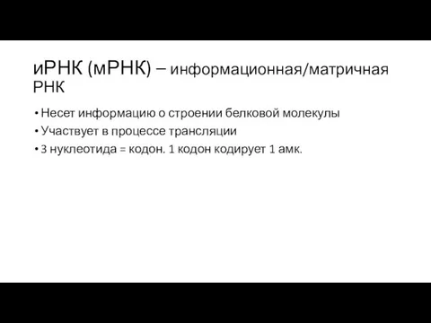 иРНК (мРНК) – информационная/матричная РНК Несет информацию о строении белковой молекулы