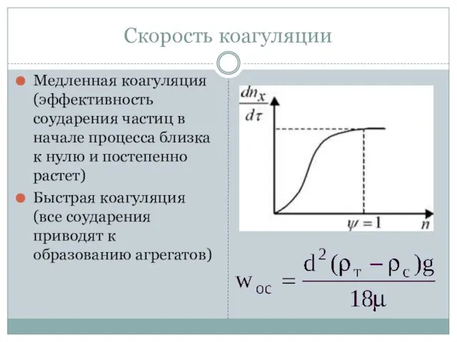 Скорость коагуляции Медленная коагуляция (эффективность соударения частиц в начале процесса близка