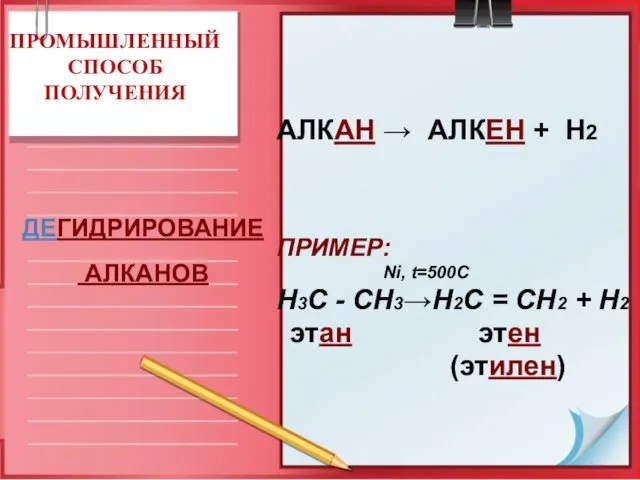 ПРОМЫШЛЕННЫЙ СПОСОБ ПОЛУЧЕНИЯ АЛКАН → АЛКЕН + Н2 ПРИМЕР: Ni, t=500C