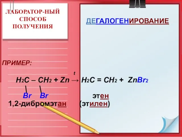 ЛАБОРАТОР-НЫЙ СПОСОБ ПОЛУЧЕНИЯ ПРИМЕР: t Н2С – СН2 + Zn →