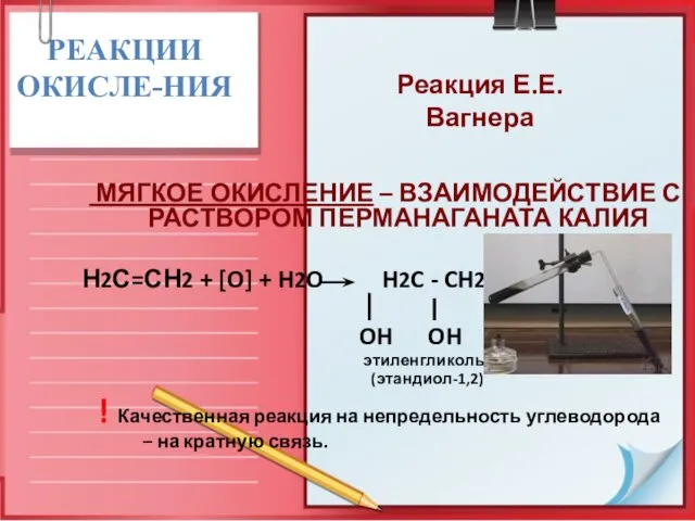 РЕАКЦИИ ОКИСЛЕ-НИЯ МЯГКОЕ ОКИСЛЕНИЕ – ВЗАИМОДЕЙСТВИЕ С РАСТВОРОМ ПЕРМАНАГАНАТА КАЛИЯ Н2С=СН2