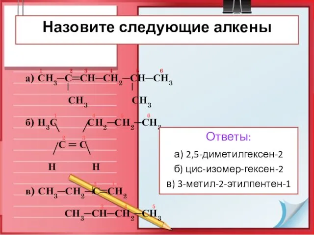 1 2 3 4 5 6 а) СН3─С═СН─СН2─СН─СН3 СН3 СН3 1