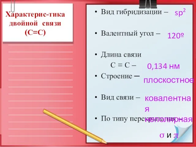 Вид гибридизации – Валентный угол – Длина связи С = С