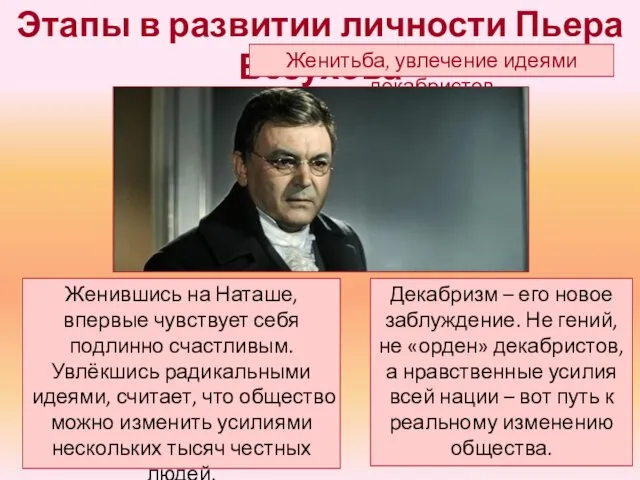 Этапы в развитии личности Пьера Безухова Женитьба, увлечение идеями декабристов Женившись