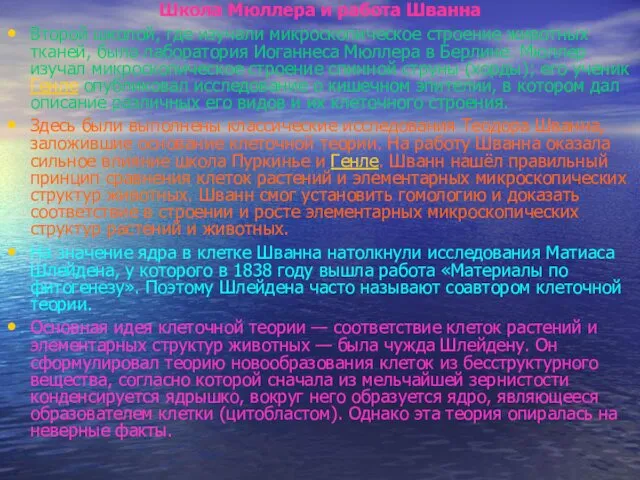 Школа Мюллера и работа Шванна Второй школой, где изучали микроскопическое строение