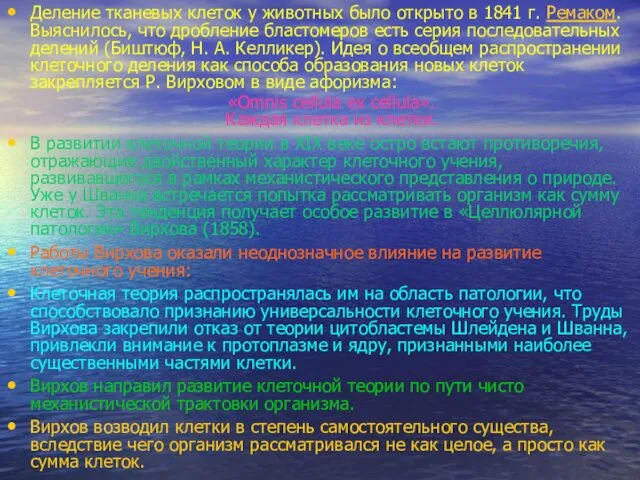 Деление тканевых клеток у животных было открыто в 1841 г. Ремаком.