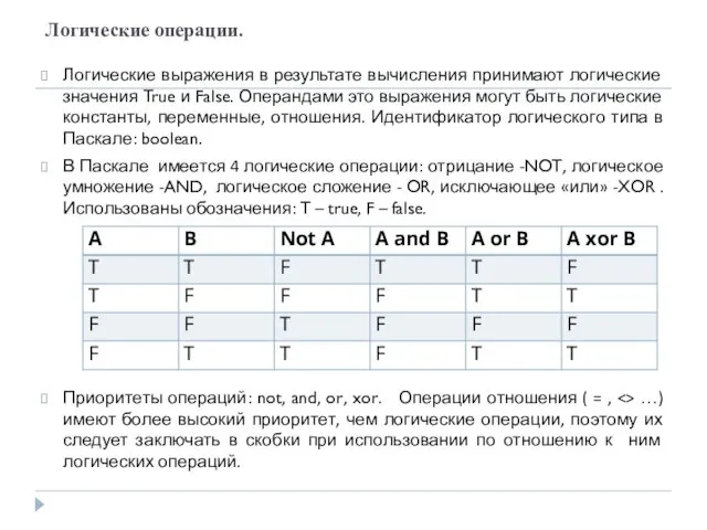 Логические операции. Логические выражения в результате вычисления принимают логические значения True