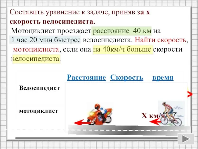 Мотоциклист проезжает расстояние 40 км на 1 час 20 мин быстрее