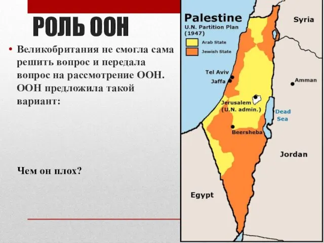 РОЛЬ ООН Великобритания не смогла сама решить вопрос и передала вопрос