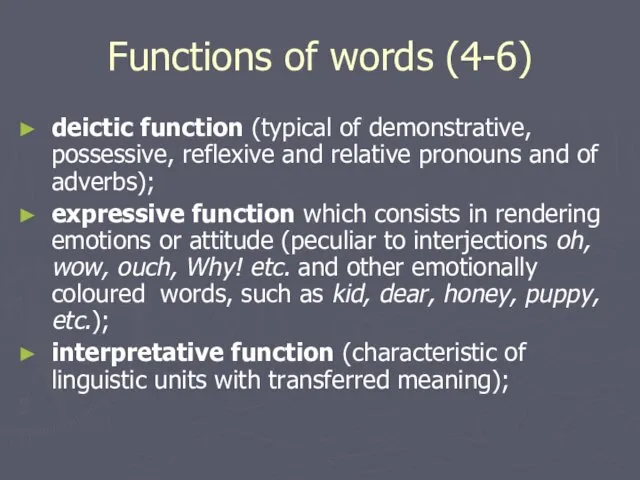 Functions of words (4-6) deictic function (typical of demonstrative, possessive, reflexive