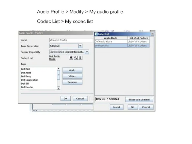 Audio Profile > Modify > My audio profile Codec List > My codec list