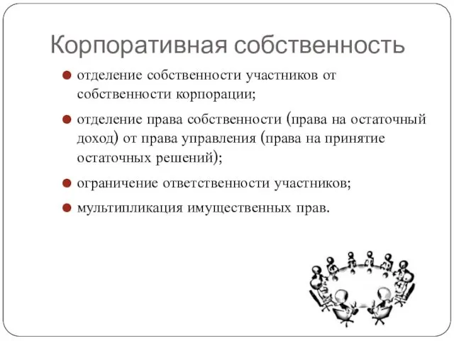 Корпоративная собственность отделение собственности участников от собственности корпорации; отделение права собственности