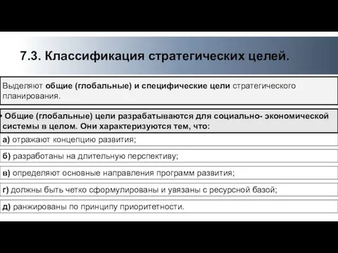 Выделяют общие (глобальные) и специфические цели стратегического планирования. 7.3. Классификация стратегических