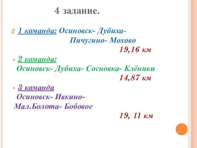 4 задание. 1 команда: Осиновск- Дубиха- Пичугино- Мохово 19,16 км 2