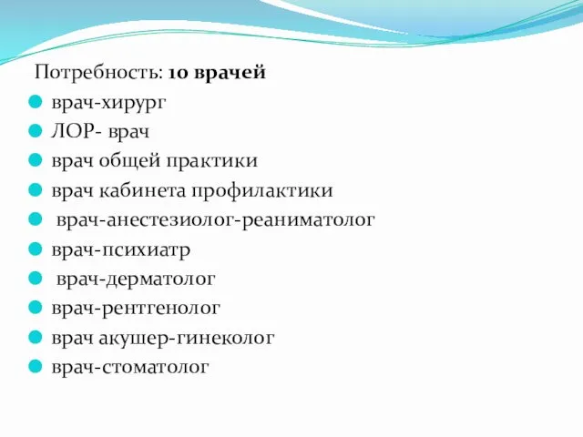 Потребность: 10 врачей врач-хирург ЛОР- врач врач общей практики врач кабинета