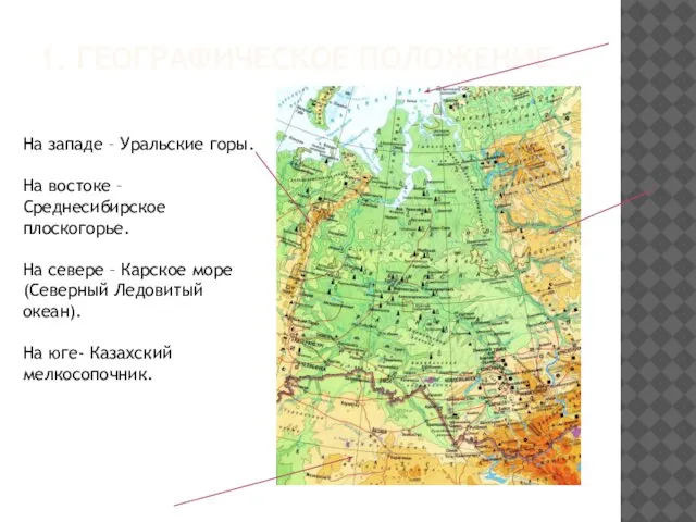 1. ГЕОГРАФИЧЕСКОЕ ПОЛОЖЕНИЕ На западе – Уральские горы. На востоке –Среднесибирское