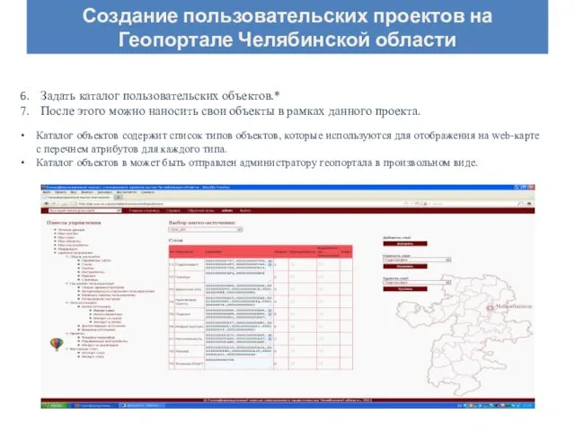 Создание пользовательских проектов на Геопортале Челябинской области Задать каталог пользовательских объектов.*