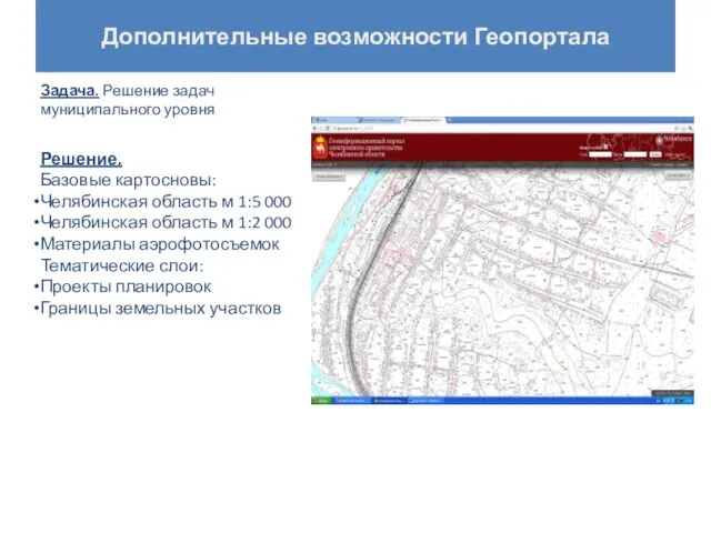 Дополнительные возможности Геопортала Задача. Решение задач муниципального уровня Решение. Базовые картосновы: