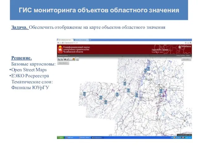 ГИС мониторинга объектов областного значения Задача. Обеспечить отображение на карте объектов