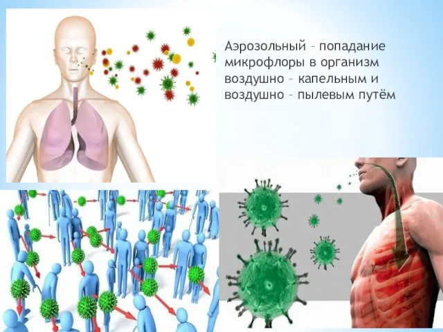 Аэрозольный – попадание микрофлоры в организм воздушно – капельным и воздушно – пылевым путём