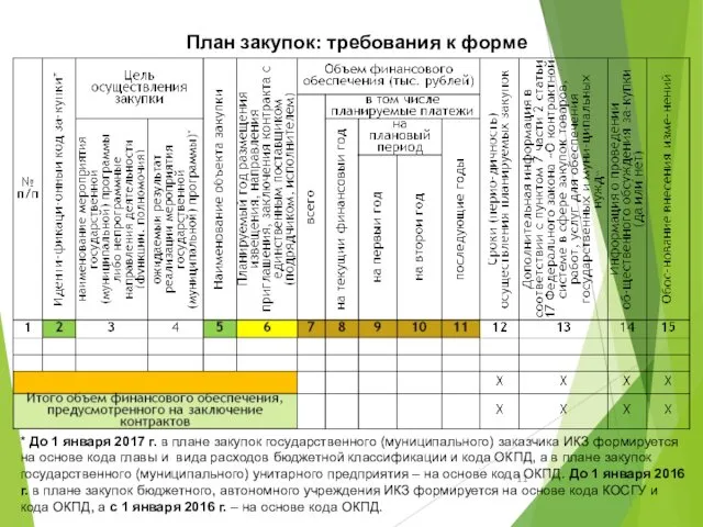 План закупок: требования к форме * До 1 января 2017 г.